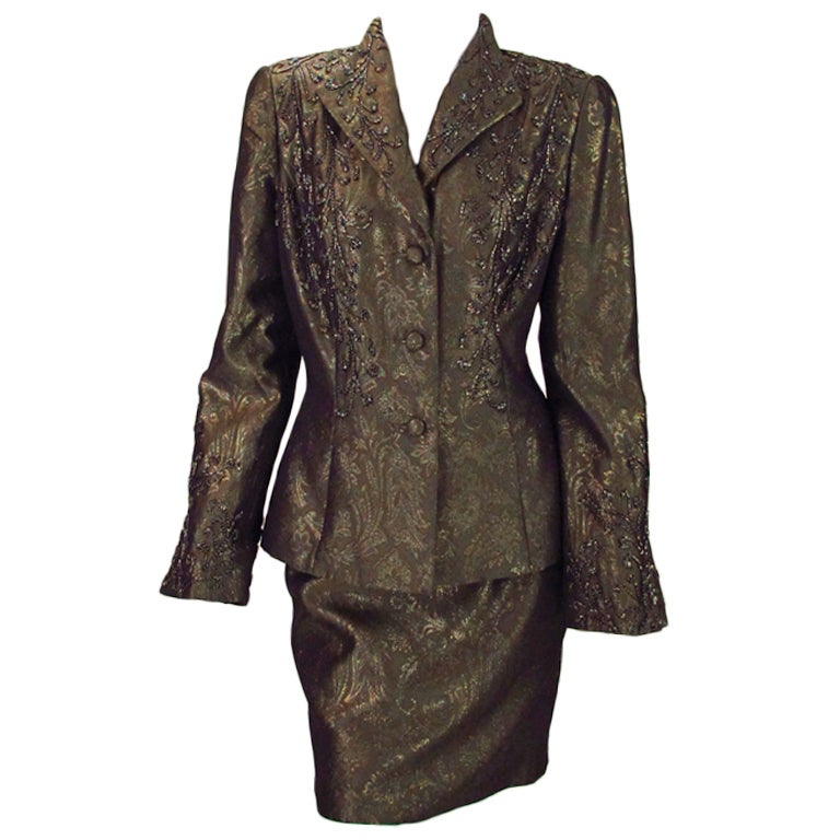 Gold bronze beaded cocktail suit Carmen Marc Valvo