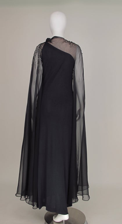 Mollie Parnis one shoulder cape sleeve gown 1970s 2