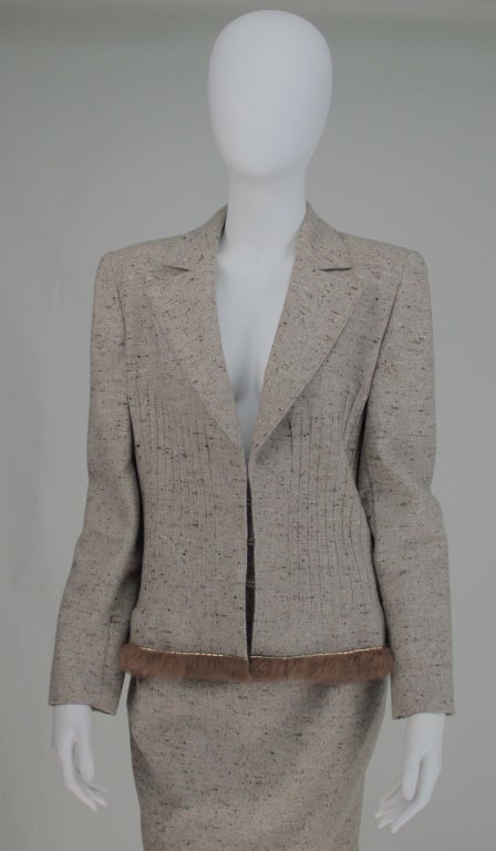 1990s Valentino tweed suit with fur trim For Sale at 1stDibs
