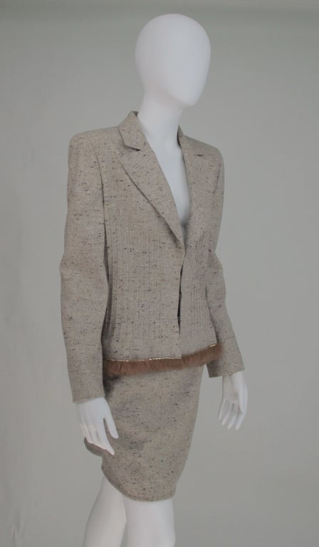 Gray 1990s Valentino tweed suit with fur trim