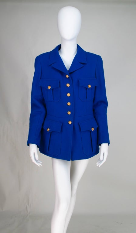 Chanel jewel button royal blue wool jacket, 1990s In Excellent Condition In West Palm Beach, FL