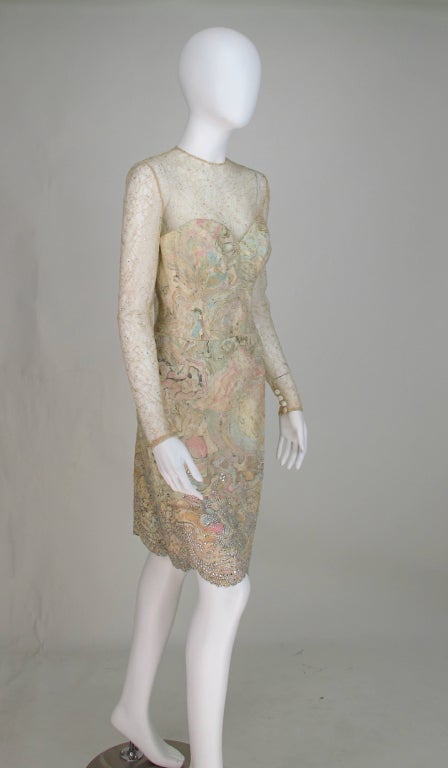 1990s Vera Wang gold lace & Swarovski crystal cocktail dress In Excellent Condition In West Palm Beach, FL