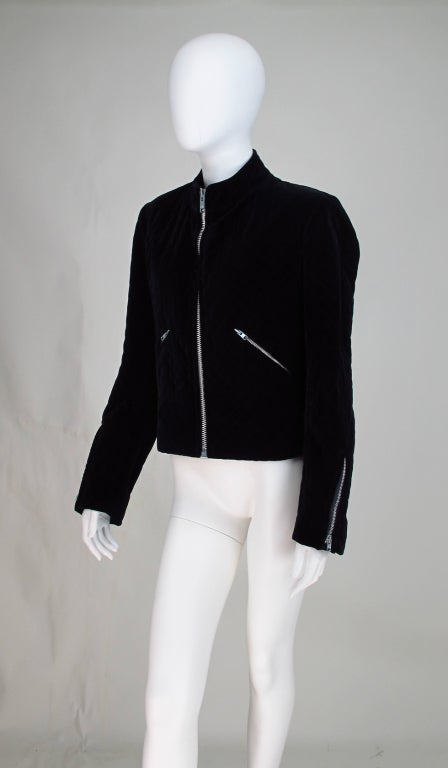 Black 1970s Yves St Laurent YSL quilted velvet motorcycle jacket