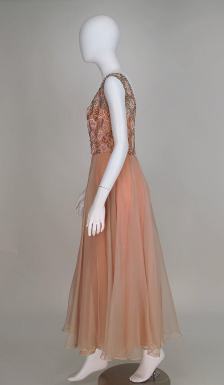 Brown 1950s Beaded silk waltz length  gown
