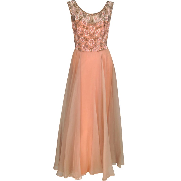 1950s Beaded silk waltz length gown For Sale at 1stDibs