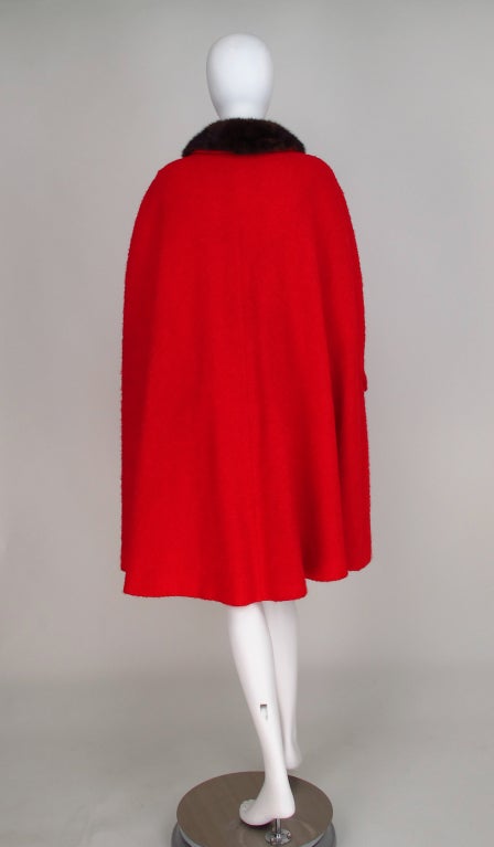Red wool boucle cape with mink fur collar 1960s 1