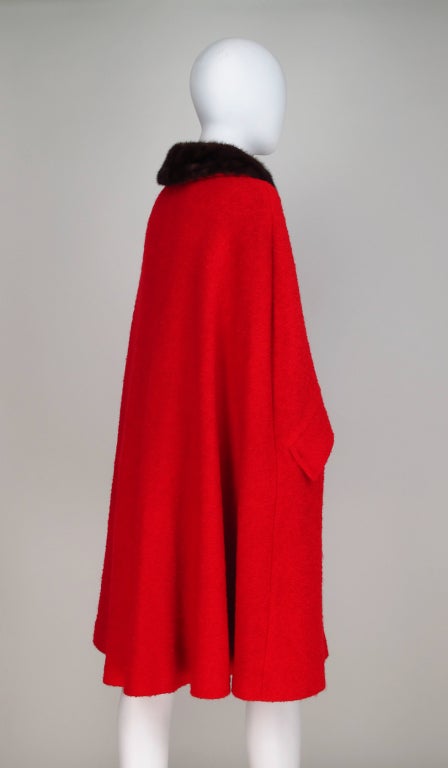 Red wool boucle cape with mink fur collar 1960s 2