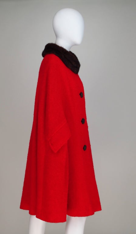 Red wool boucle cape with mink fur collar 1960s 3