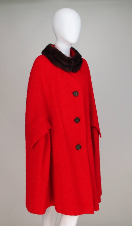 Red wool boucle cape with mink fur collar 1960s 4