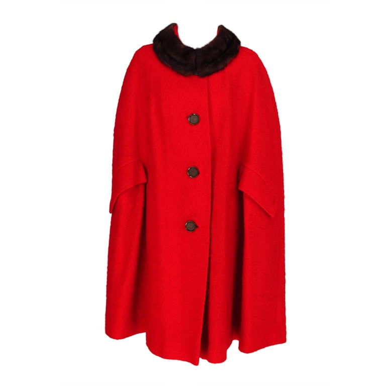 Red wool boucle cape with mink fur collar 1960s