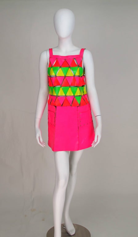 Rare 1967 Paco Rabanne documented fluorescent leather dress
