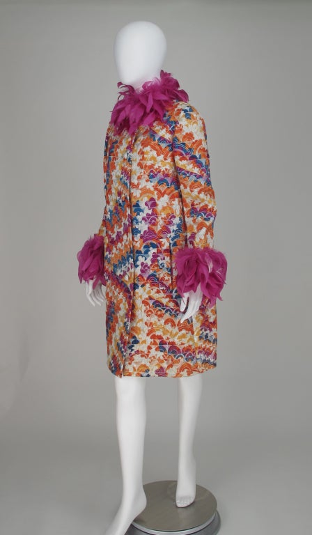 1970s Miss Dior feather trim brocade evening coat 2