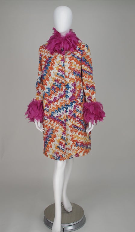 1970s Miss Dior feather trim brocade evening coat 3