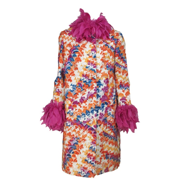 1970s Miss Dior feather trim brocade evening coat