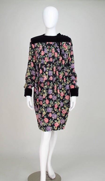 Ungaro Silk floral dress with velvet yoke & cuffs,the perfect little dress for afternoon activities, like shopping and cocktails...Pull on style dress with yoke shoulder front and back, button shoulder opening with velvet ties, open pleated floral