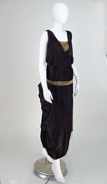 Black Orientalist influenced silk damask & lame evening dress 1900s