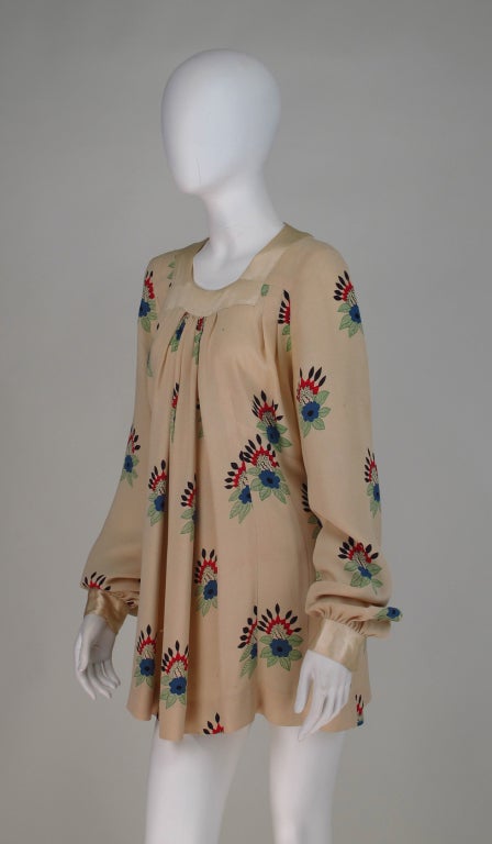 Ossie Clark for Radley, cream moss crepe mini dress or tunic with a highly recognized print by Celia Birtwell...From the 1970s this would be a great piece to add to any collection...Pull on tunic has long sleeves that are full at the wrist and