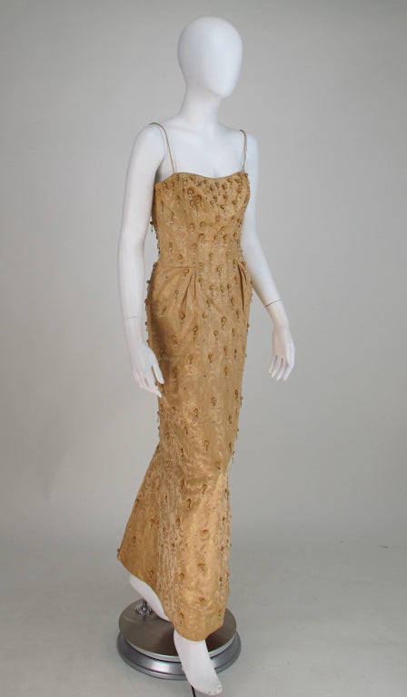 Brown Ceil Chapman beaded gold fishtail gown 1950s