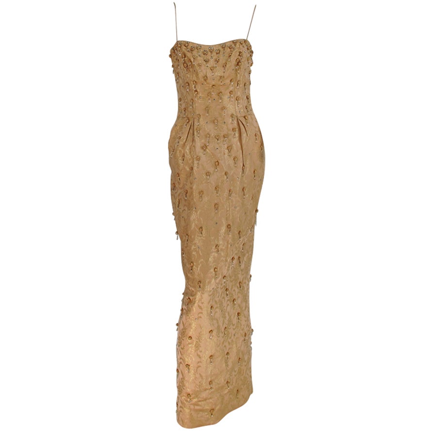 Ceil Chapman beaded gold fishtail gown 1950s For Sale at 1stDibs
