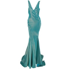 Galliano iridescent   blue  bias cut gown with train