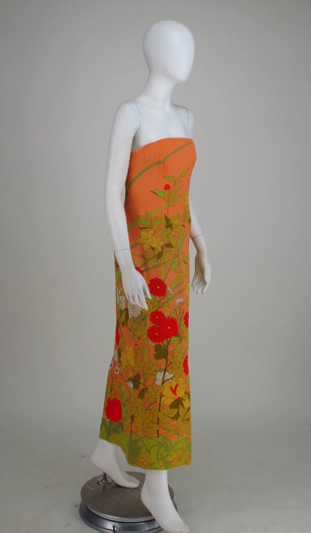 Brown 1968 Hanae Mori floral silk strapless gown