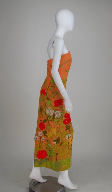 1968 Hanae Mori floral silk strapless gown In Good Condition In West Palm Beach, FL