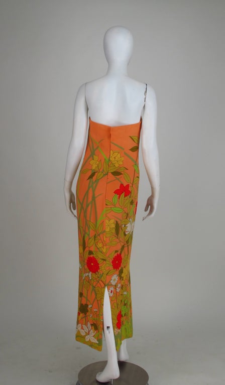 Women's 1968 Hanae Mori floral silk strapless gown