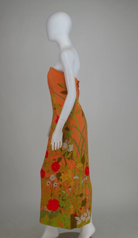 1968 Hanae Mori floral silk strapless gown 1