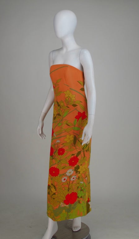 1968 Hanae Mori floral silk strapless gown 2