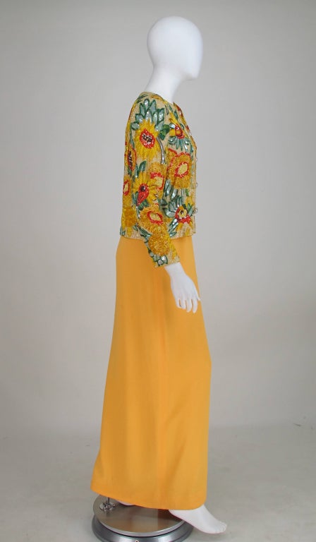 Orange Adolfo beaded and sequin sunflower jacket and gown 1980s