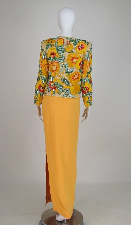 Women's Adolfo beaded and sequin sunflower jacket and gown 1980s