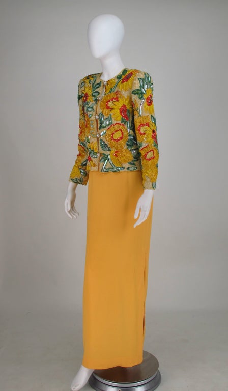Adolfo beaded and sequin sunflower jacket and gown 1980s 2