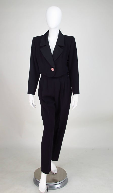 St Laurent introduced the tuxedo suit in 1966, it was an instant hit among daring women! Here an 80s version of St Laurent's, 