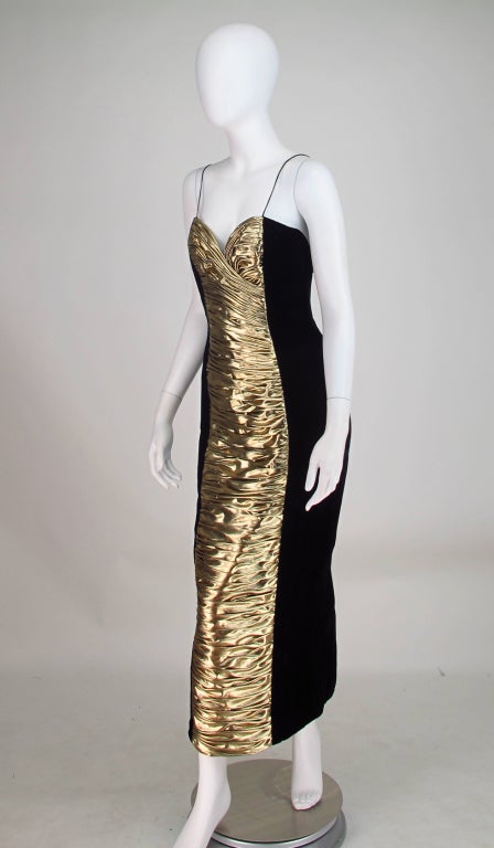 1980s Vicky Tiel gold lame & velvet gown 2