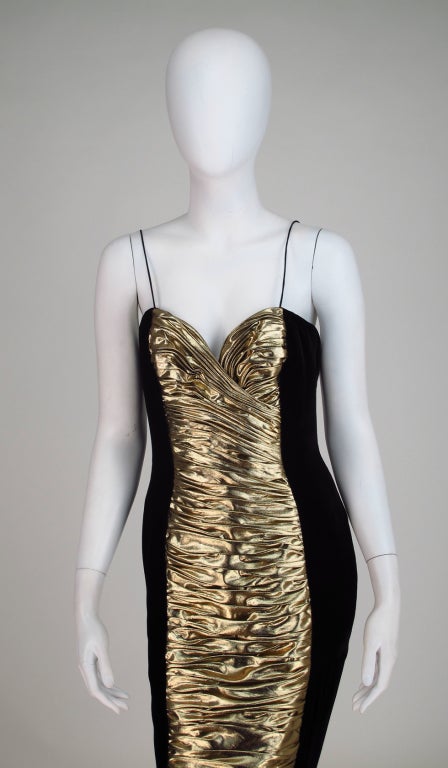 1980s Vicky Tiel gold lame & velvet gown 3