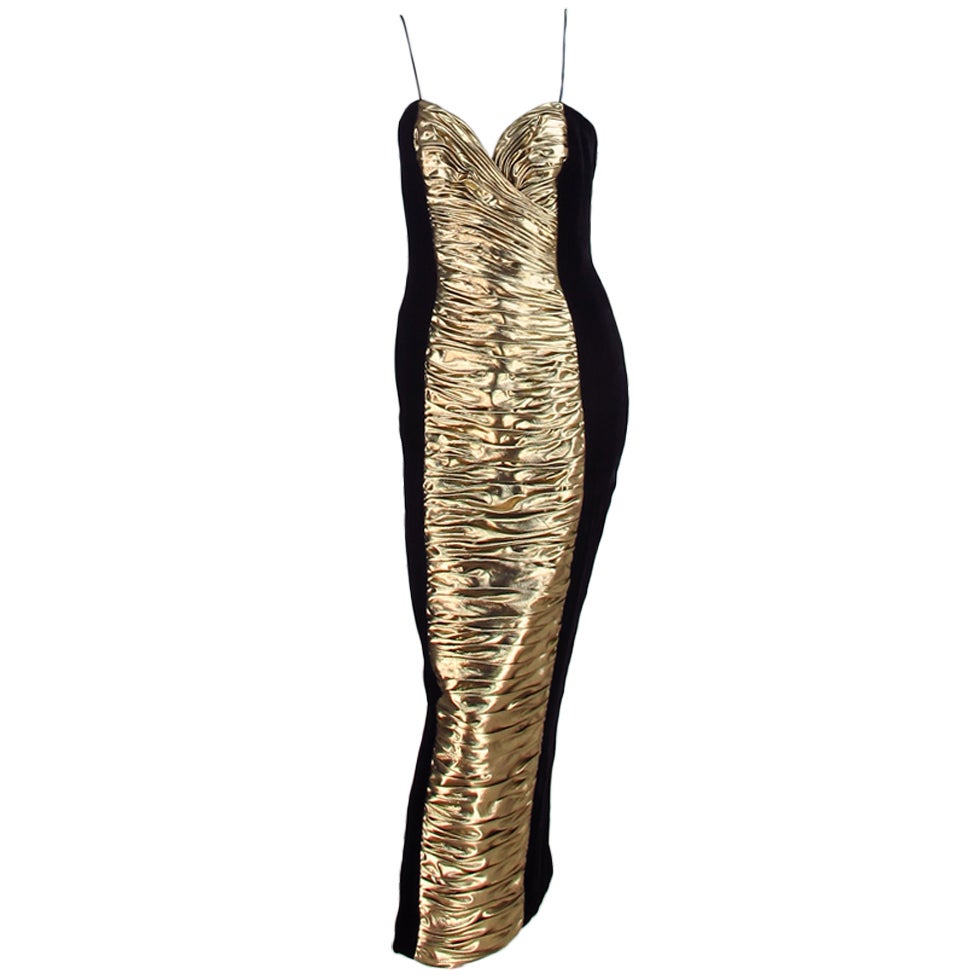 1980s Vicky Tiel gold lame & velvet gown