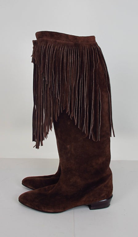 Charles Jourdan 1980s brown suede fringe boots, size 9M...Barely worn, dark chocolate brown suede with deep multi level fringe (longest fringe is 12