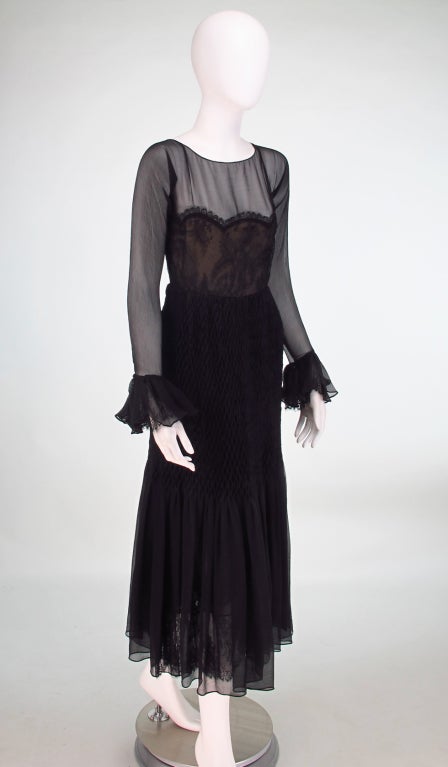 Black 1970 Oscar de la Renta sheer chiffon & lace smocked hip gown