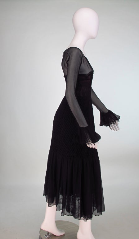 Women's 1970 Oscar de la Renta sheer chiffon & lace smocked hip gown