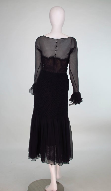 1970 Oscar de la Renta sheer chiffon & lace smocked hip gown 2