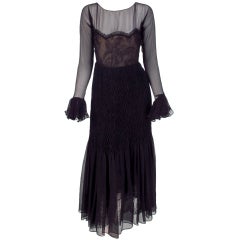 1970 Oscar de la Renta sheer chiffon & lace smocked hip gown