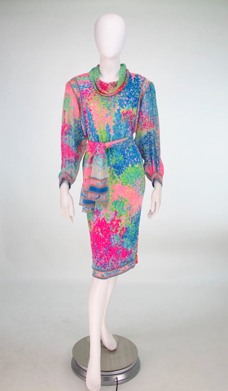 Always popular and very wearable, dresses from Leonard, Paris are often compared to those of Pucci...Their distinctive signature prints in silky jersey are perfect for travel...Silk print jersey dress with matching silk chiffon sleeves and cowl are