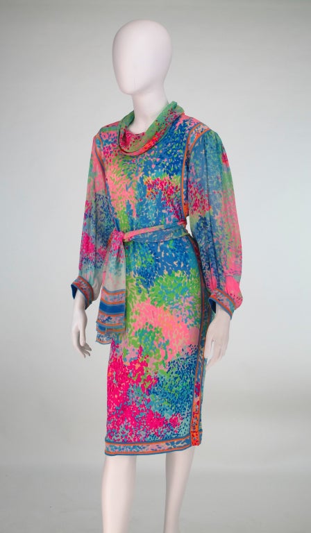 Leonard, Paris silk print  cowl neck dress In Excellent Condition In West Palm Beach, FL