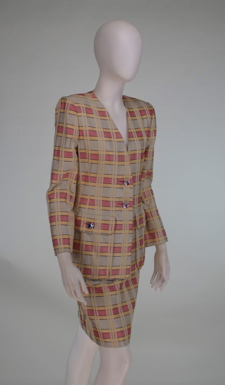 Brown 1980s James Galanos silk plaid suit with jewel buttons