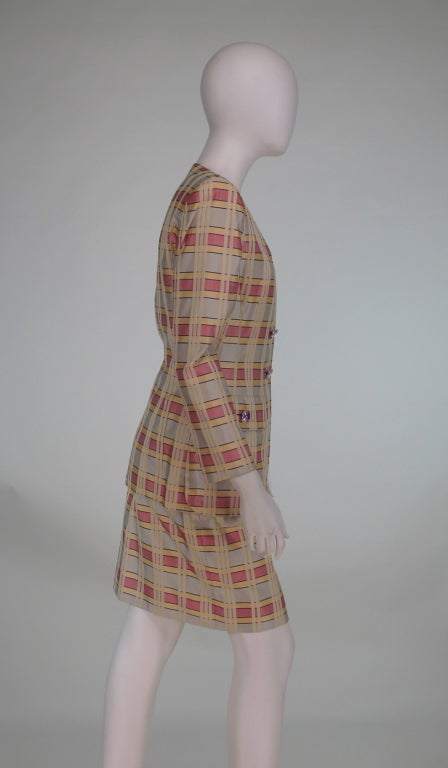 1980s James Galanos silk plaid suit with jewel buttons In Excellent Condition In West Palm Beach, FL