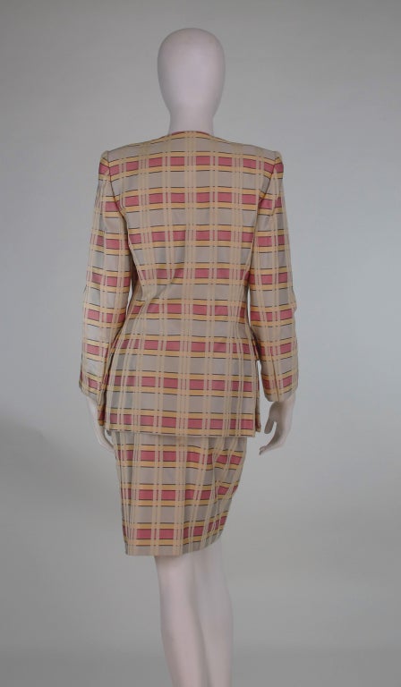 Women's 1980s James Galanos silk plaid suit with jewel buttons