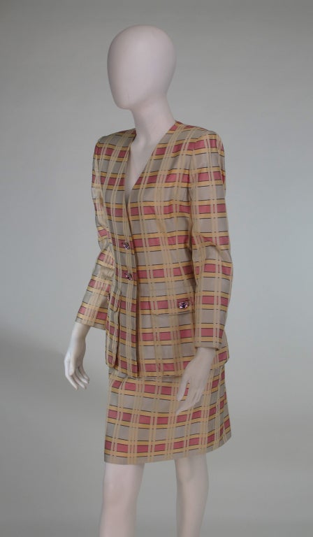 1980s James Galanos silk plaid suit with jewel buttons 1