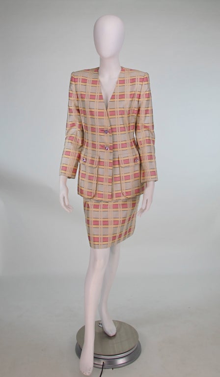 1980s James Galanos silk plaid suit with jewel buttons 3