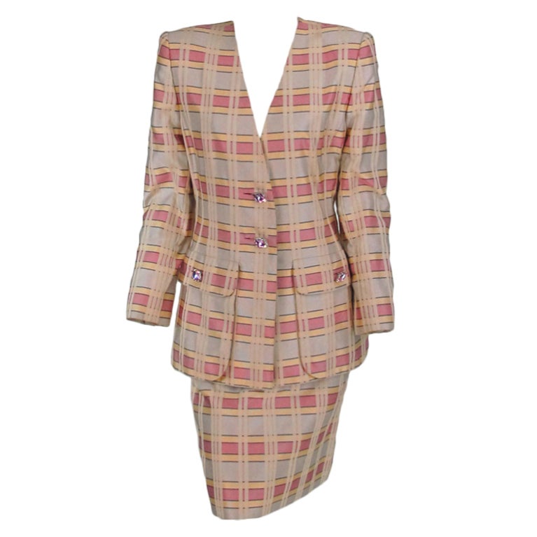 1980s James Galanos silk plaid suit with jewel buttons