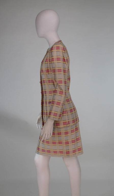 1980s James Galanos silk plaid suit with jewel buttons 2
